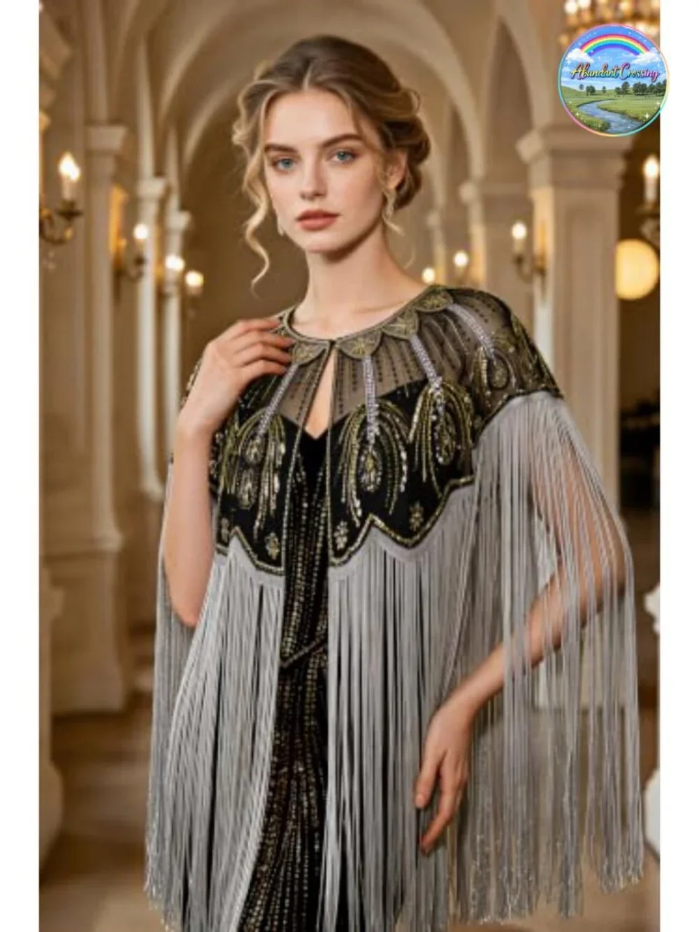 Fringed Sequin Beaded Evening Shawl Wrap Gatsby Party Cover Up
